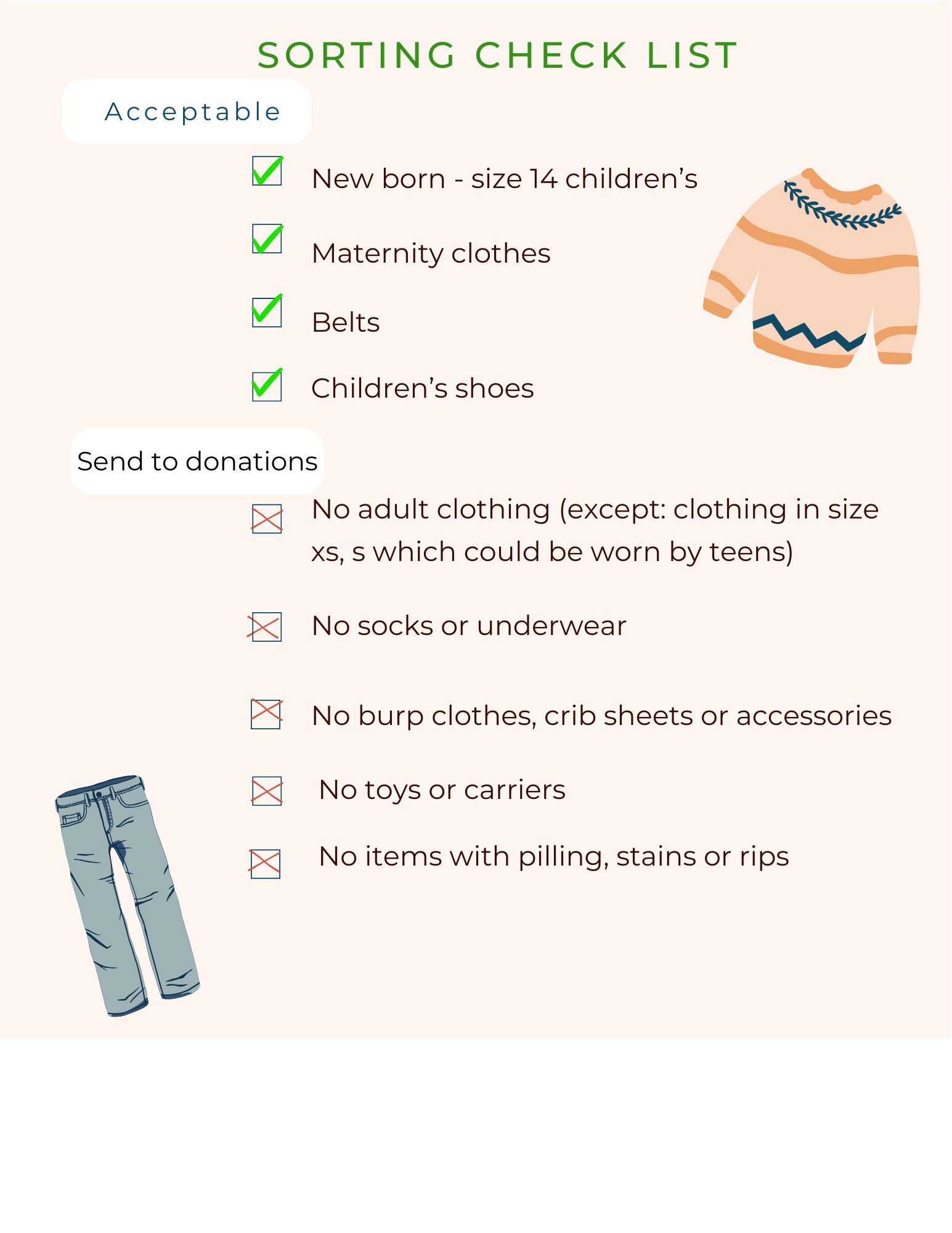 Checklist of accepted clothing items including newborn through teen sizes and maternity clothes